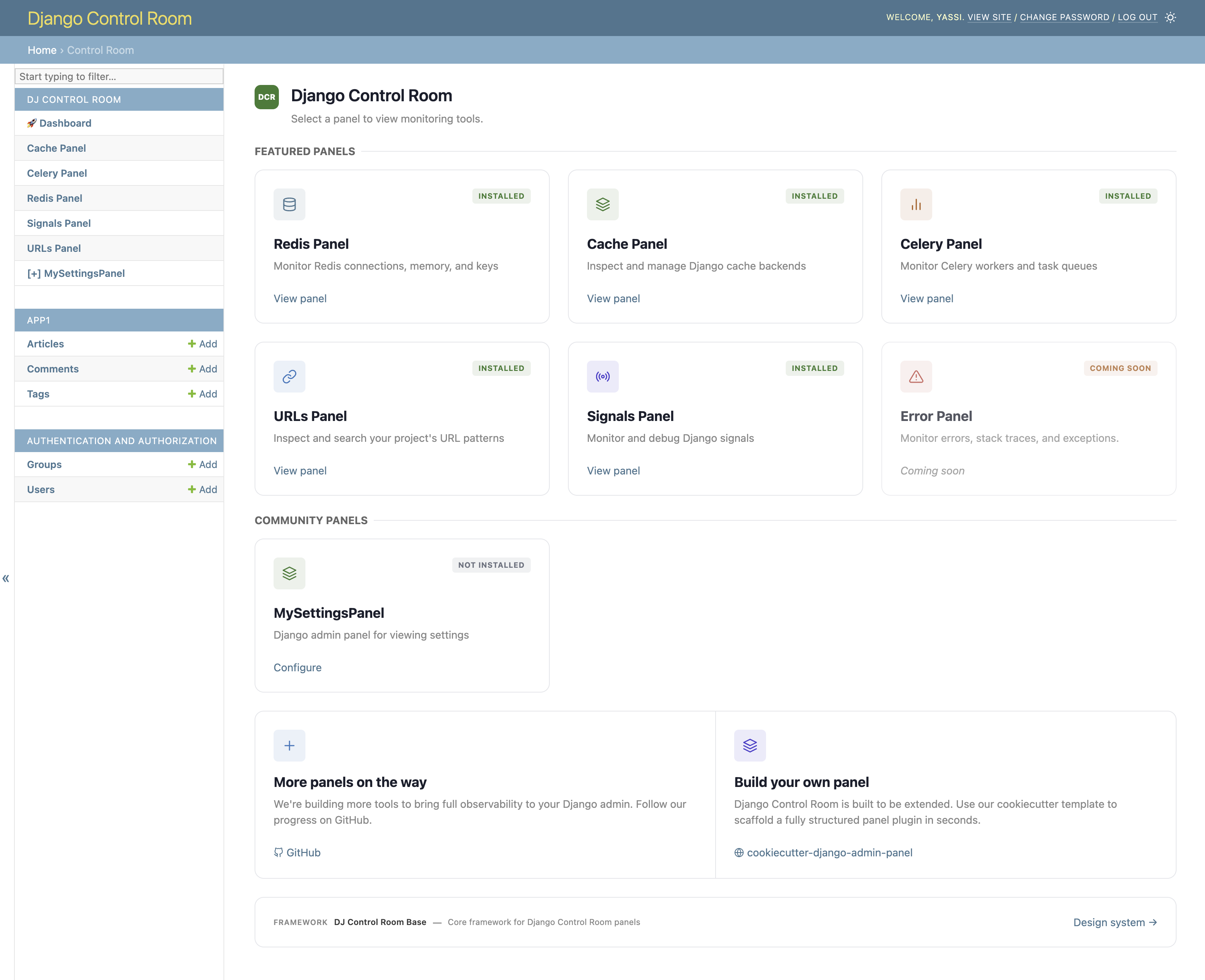 Django Control Room dashboard with MySettingsPanel visible in the Community Panels section