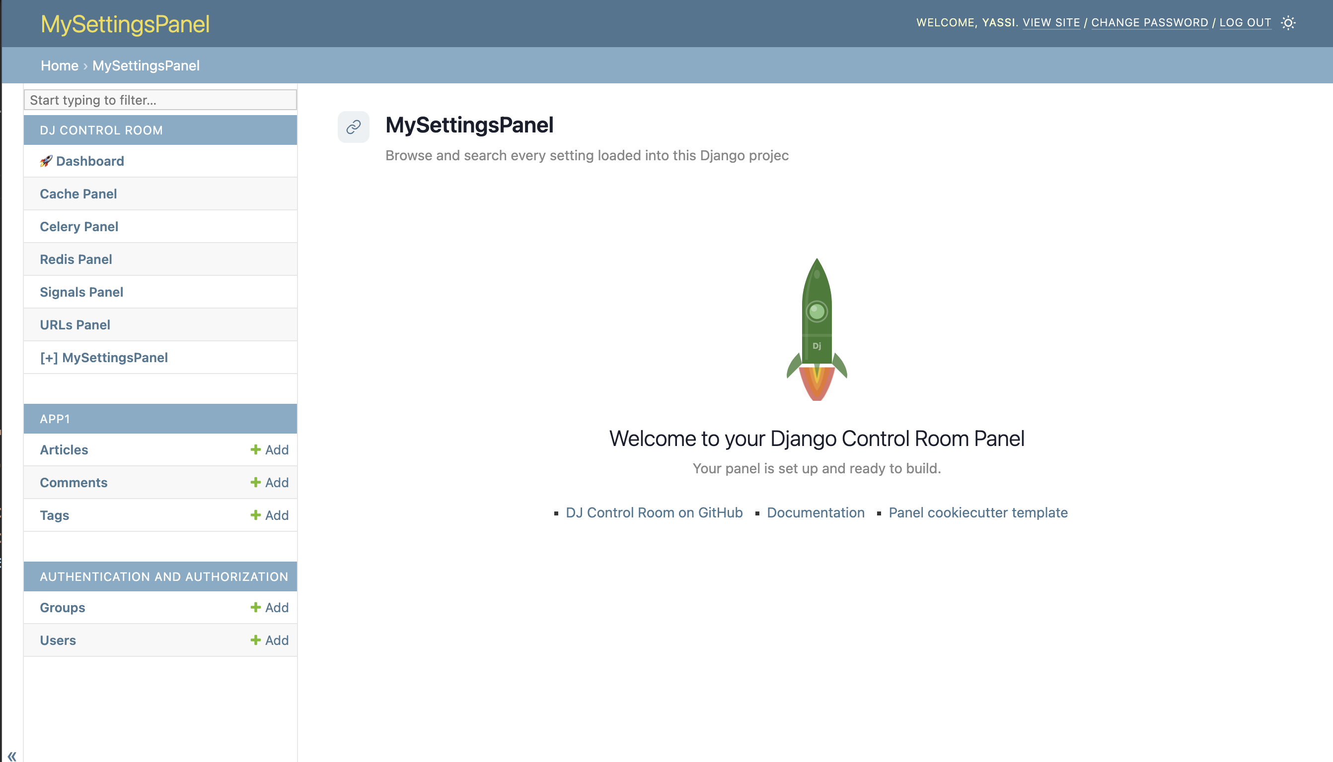 MySettingsPanel boilerplate welcome page inside the Django admin