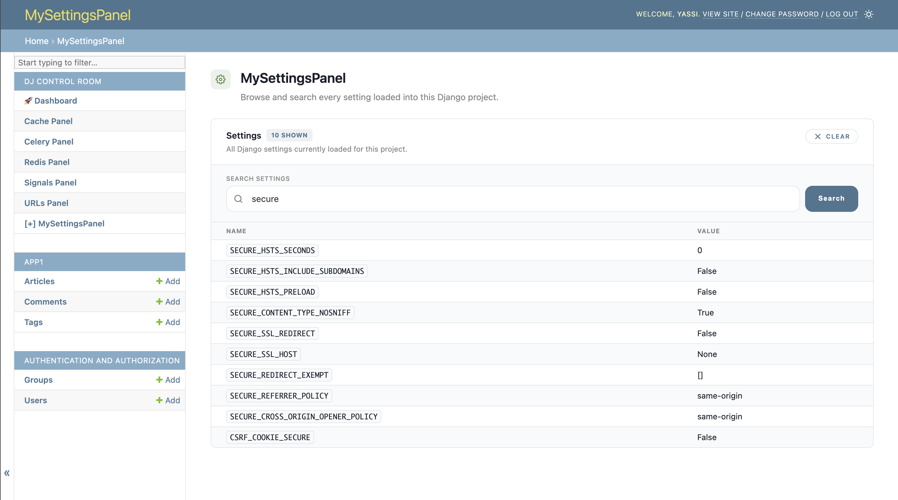 MySettingsPanel filtered by 'secure', showing 10 matching settings and a Clear button