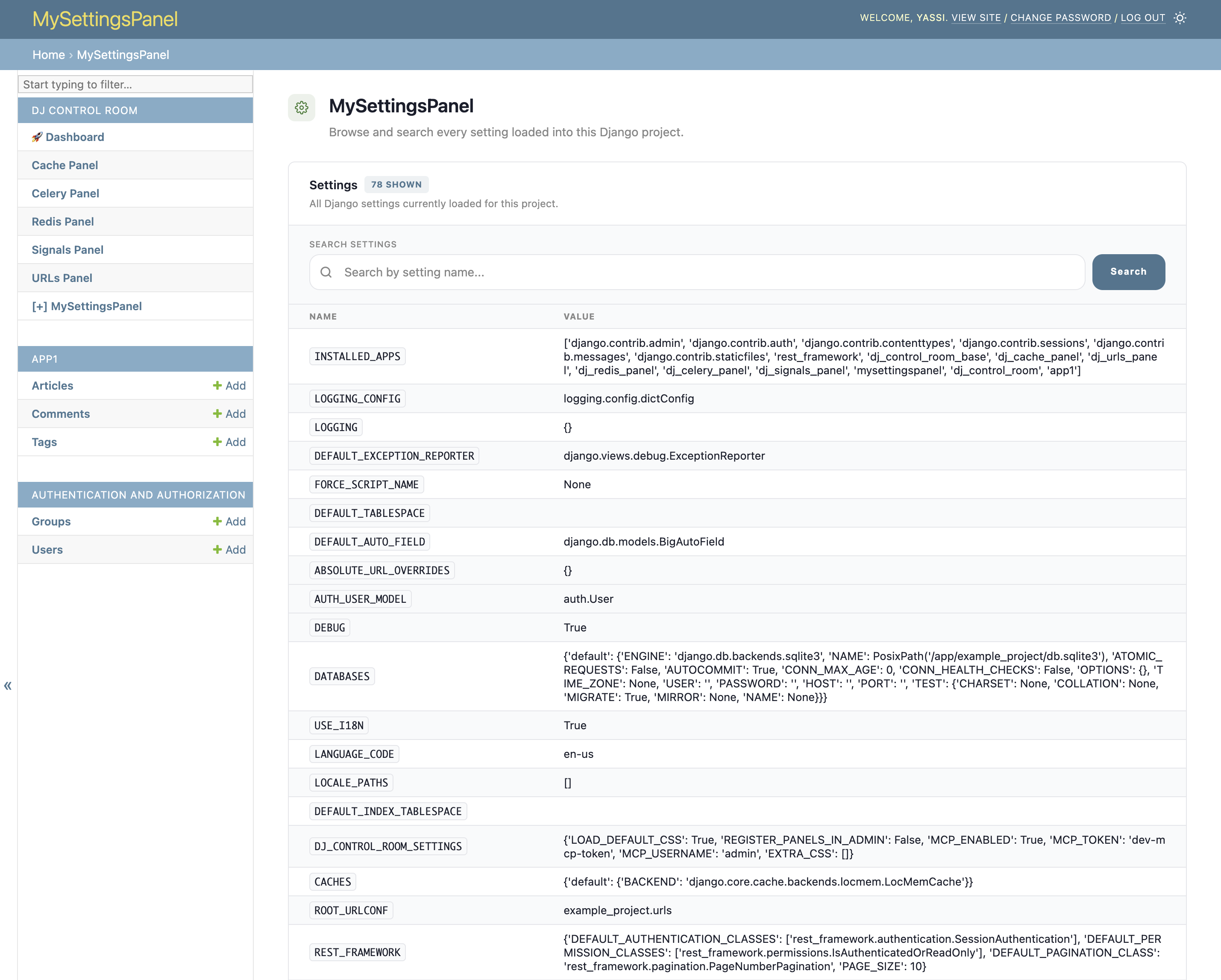MySettingsPanel styled with the Control Room design system: a page header and a data table card with a shown count badge