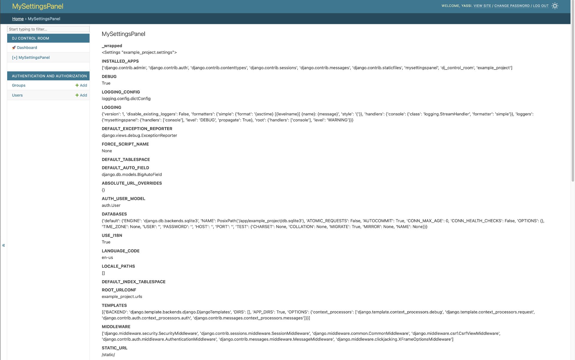 MySettingsPanel displaying unstyled Django settings in the admin