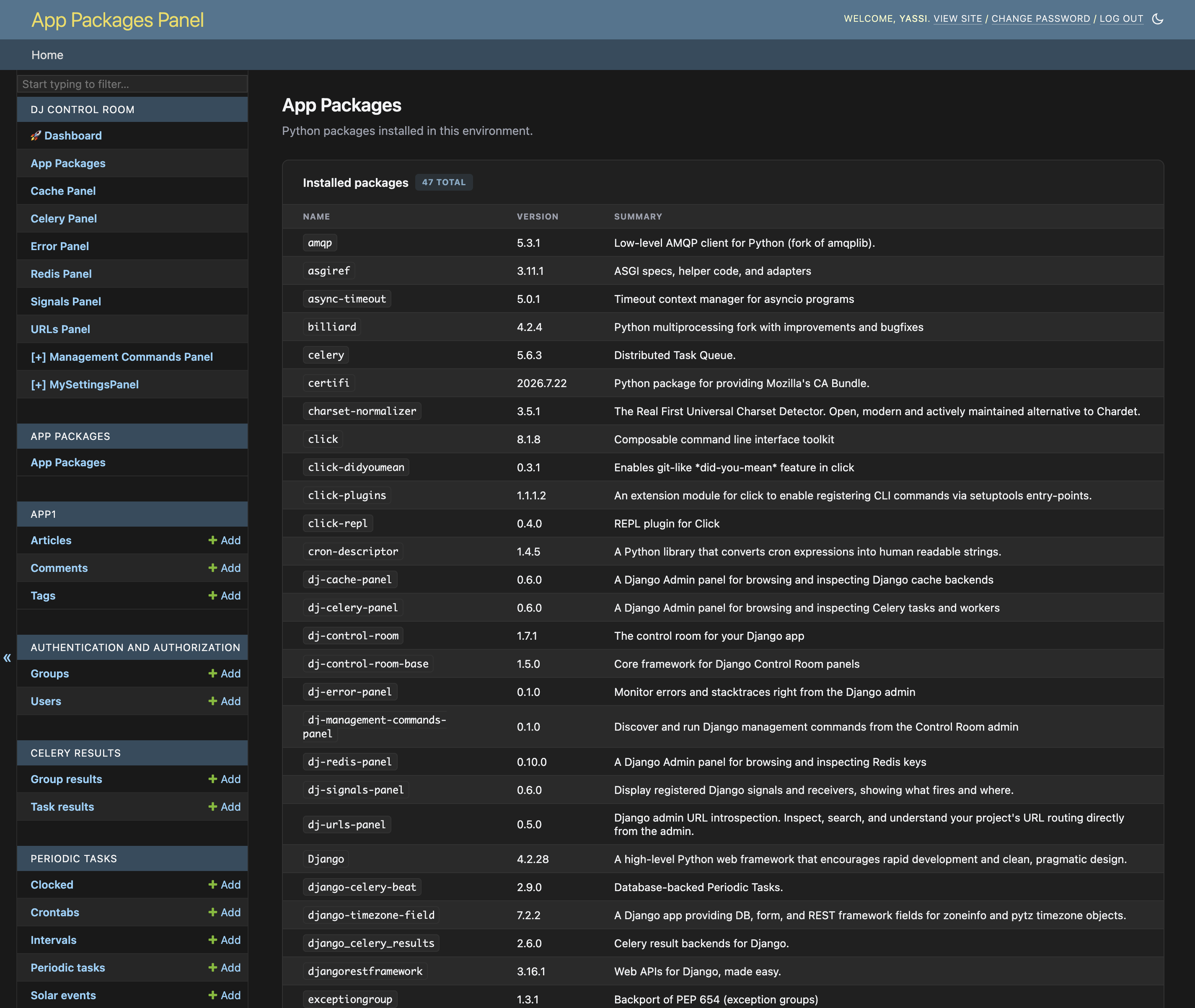 The App Packages panel listing installed packages with their versions and summaries