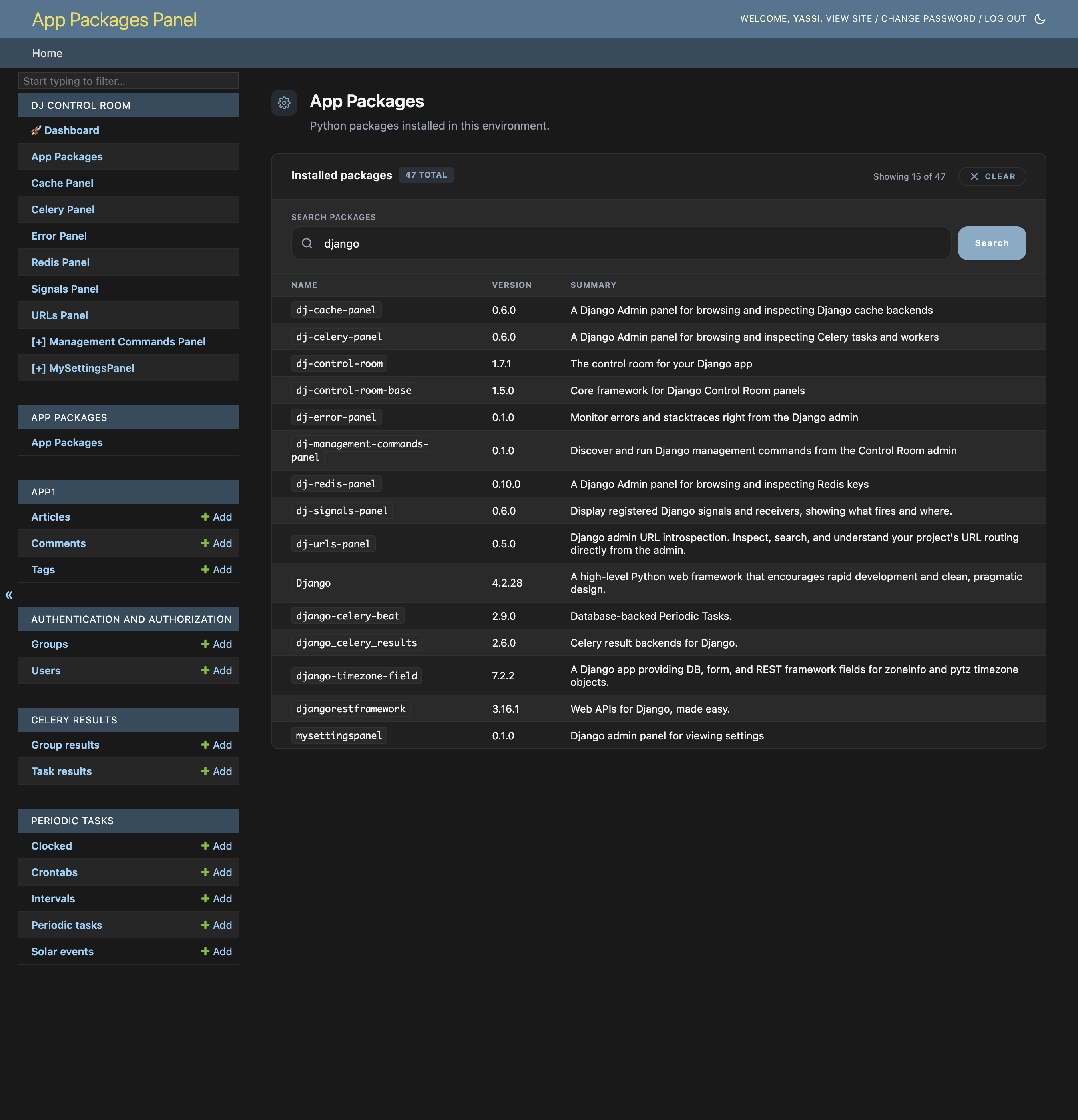 The App Packages panel filtered by the search term django, showing the match count and a CLEAR button